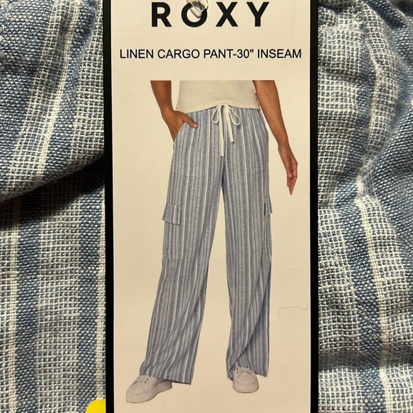 New Roxy Women's Linen Blend Cargo Pant lightweight Blue Stripes M S - Picture 1 of 4